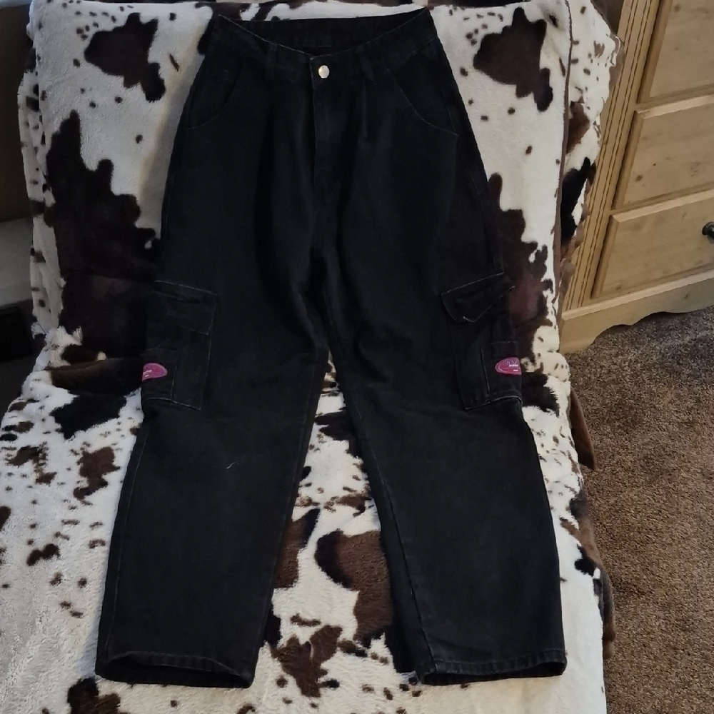 SHEIN Dark Straight Leg Jeans with Pink Details